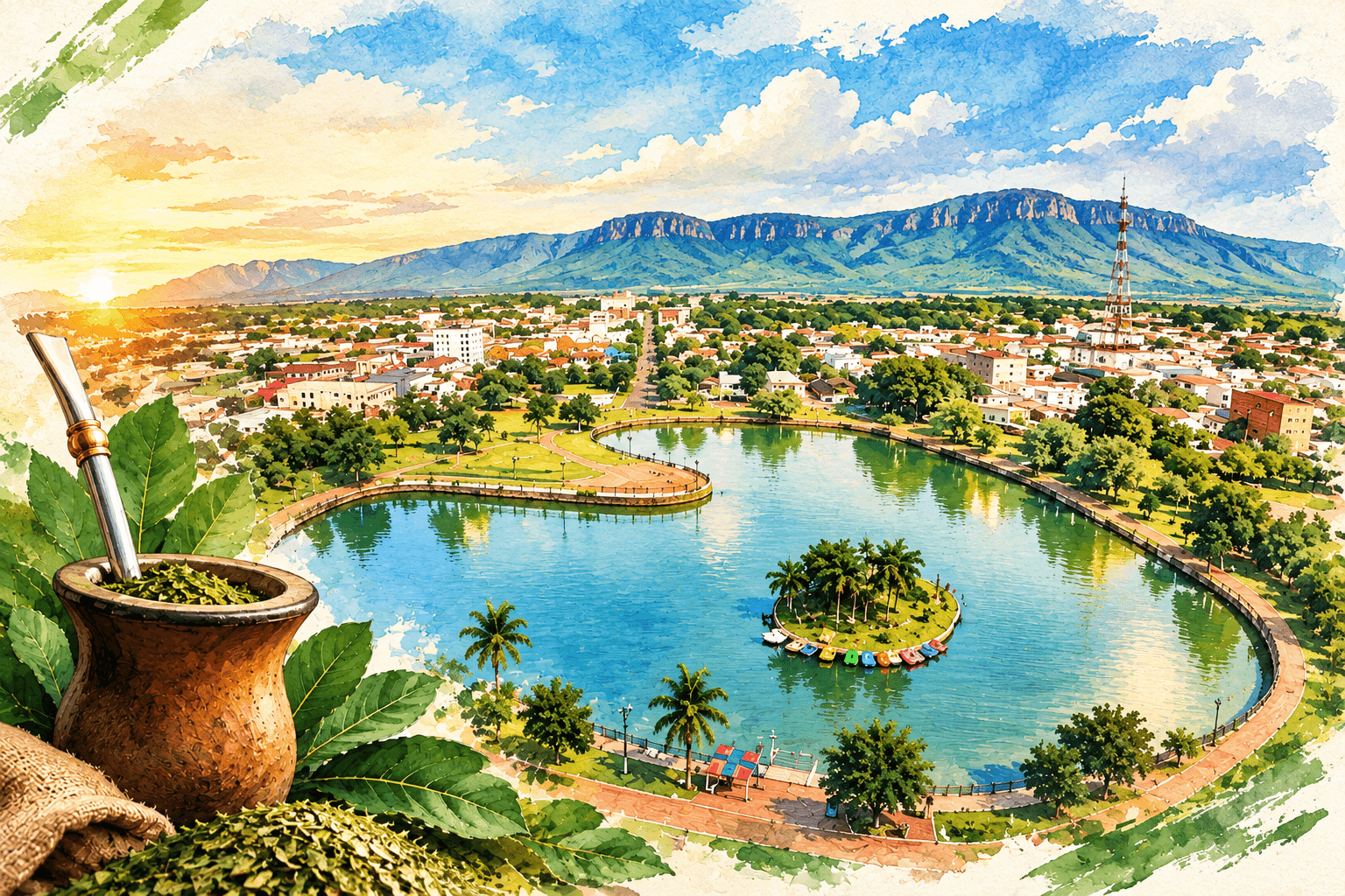 Ilustração da Laguna Punta Porã, ladeada por vegetação e com a cordilheira ao fundo